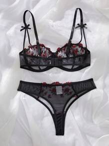 SHEIN 2pcs Set Pink Romantic Cute Lingerie Set, Sexy - Black - View 2