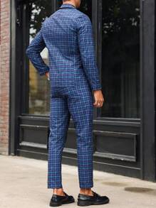 Manfinity Mode Men's Casual Checkered Suit Set - Navy Blue - View 9