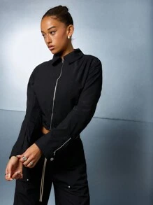 SUMWON WOMEN Nylon Zip Through Collar Full Sleeves Shirt - Black - View 1