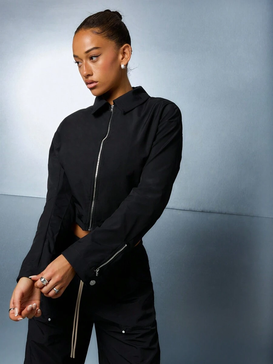 SUMWON WOMEN Nylon Zip Through Collar Full Sleeves Shirt - Black - View 1