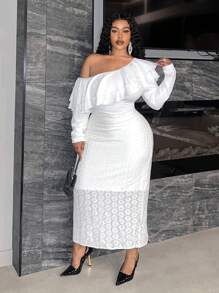 Slaydiva Plus Size Women Elegant Lace Contrast Knitted Dress - White - View 1