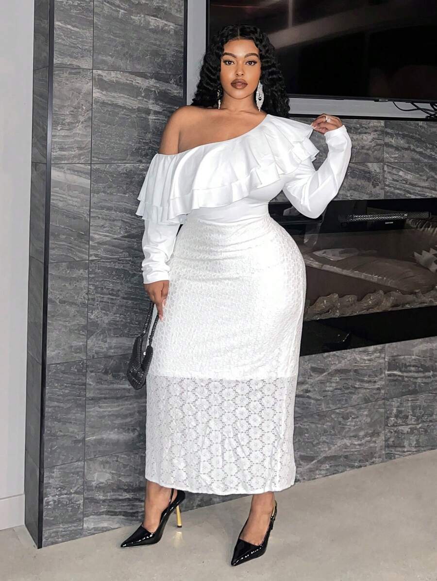 Slaydiva Plus Size Women Elegant Lace Contrast Knitted Dress - White - View 1