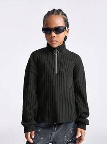 SHEIN Tween 女孩秋冬返校/基本款针织罗纹针织四分之一拉链黑色宽松高领 T 恤 - 黑色 - 查看 5