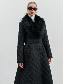 EURMUSE 长款拼接棉衣，带领子，毛皮细节，绗缝面料