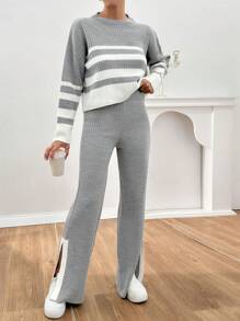 EURMUSE Women Rib Knit Stripe Pattern Round Neck Drop Shoulder Pullover & Sweater Pants Set - Light Grey - View 4