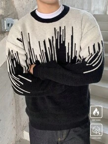 Manfinity Homme Suéter casual de hombre, de ajuste holgado, con bloqueo de color, hombros caídos y forro térmico - Blanco y Negro - Ver 3