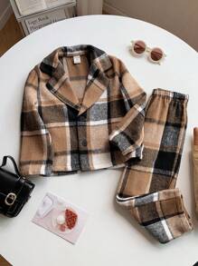 2pcs Young Boys Young Girls Casual Preppy Plaid Gentleman Suit With Bowknot Long Sleeve And Pants , Suitable For Birthday Parties, Evening Shows, Weddings, One Year Old's Birthday Party, Christmas Party And Other Festive Occasions Suitable For Outings, Street Wear, Parties, Home, Back To School, Birthday, Baby Shower, Holiday Parties, Autumn Winter
