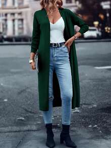 SHEIN LUNE Áo khoác cardigan mỏng nhẹ siêu dài màu trơn hở phía trước cho nữ - Màu xanh lá cây đậm - Xem 7