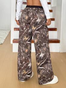 SHEIN EZwear 女式印花梭织阔腿裤 - 橄欖綠 - 查看 2