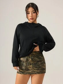Casual Solid Color Raglan Sleeve Drawstring Crop Hoodie Sweatshirt