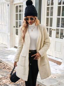 Chiquease Minimalist Solid Color V-Neck Fleece Warm Coat With Dual Pockets For Commuting