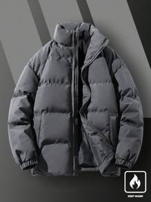 Manfinity Homme 男士休闲纯色斜口袋夹棉大衣 - 深灰色 - 查看 3