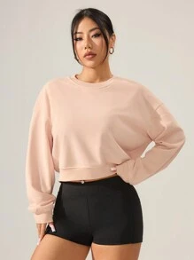 Women Solid Color Round Neck Long Sleeve Casual Sweatshirt - Apricot - View 5