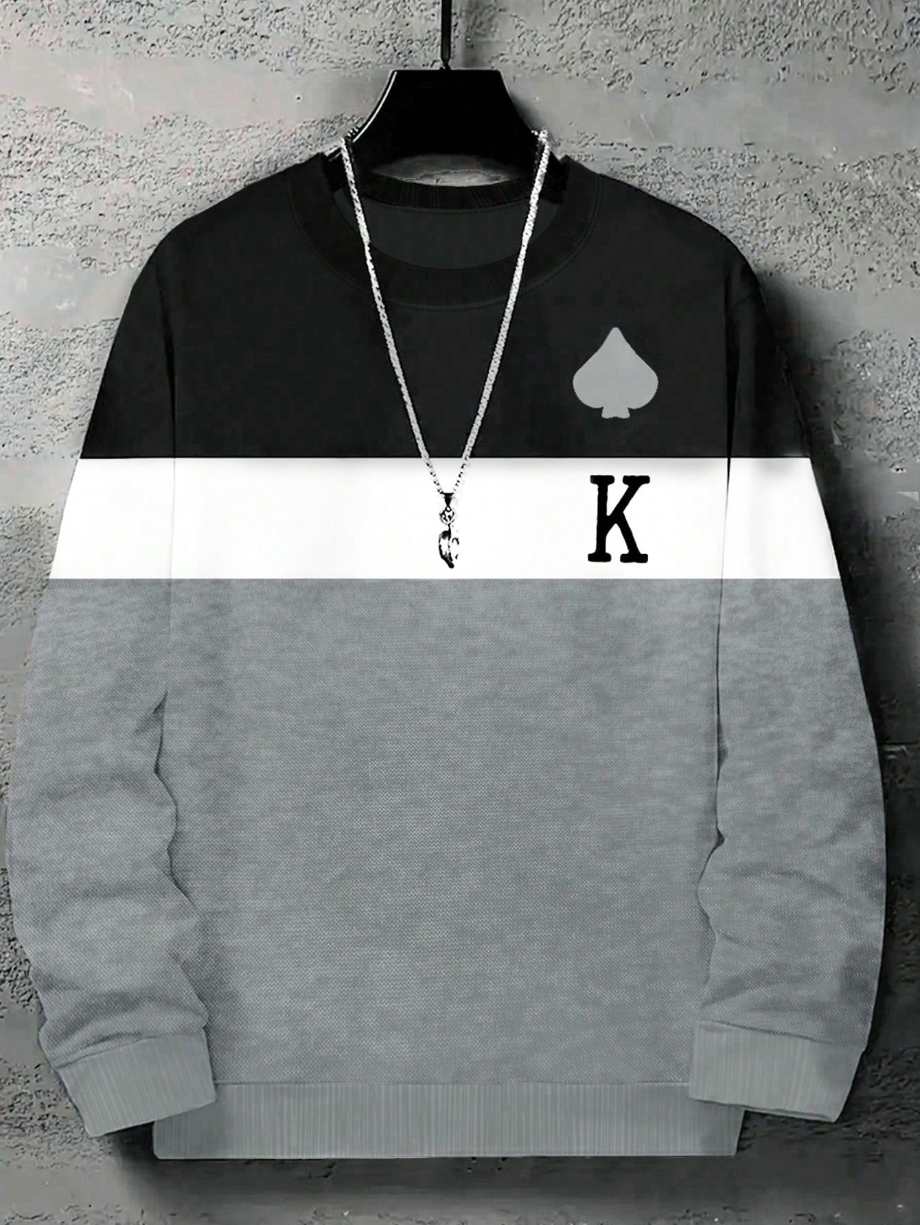 Manfinity Dauomo Plus Size Men Playing Card Print Fleece Crew Neck Casual Pullover Sweatshirt, For Autumn