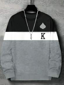 Manfinity Dauomo 大码男士扑克牌印花羊毛圆领休闲套头运动衫，适合秋季 - 灰色 - 查看 1