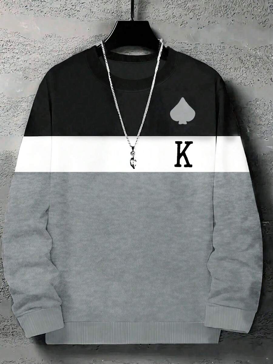 Manfinity Dauomo 大码男士扑克牌印花羊毛圆领休闲套头运动衫，适合秋季 - 灰色 - 查看 1