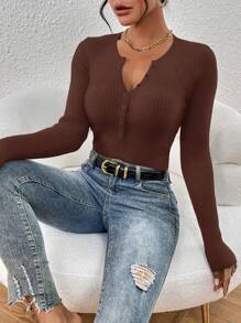 SHEIN Essnce Women Solid Color Button Mock Neck Fitted Long Sleeve Pullover Sweater, Autumn/Winter - Coffee Brown - View 1