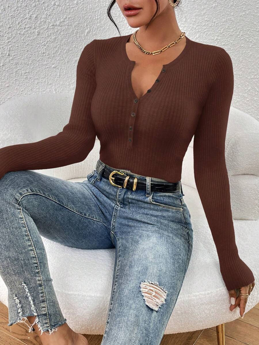 SHEIN Essnce Women Solid Color Button Mock Neck Fitted Long Sleeve Pullover Sweater, Autumn/Winter - Coffee Brown - View 1