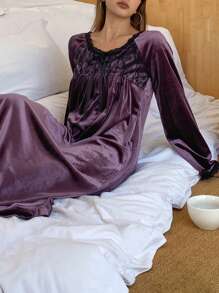 DAZY Velvet & Lace Patchwork Nightgown, Winter Pajama - Purple - View 3