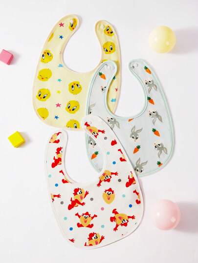 LOONEY TUNES X SHEIN 3pcs/Pack Cartoon Print 100% Cotton Baby Bibs