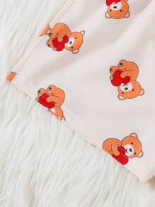 SHEIN Leap Crew 2 件套可爱卡通熊印花吊带背心和短裤睡衣套装，亲肤舒适的休闲家居服，适合少女 - 紅白色 - 查看 4