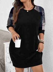SHEIN LUNE Sweat-shirt raglan à manches texturé à carreaux minimaliste pour grande taille, convenant pour l'automne et l'hiver