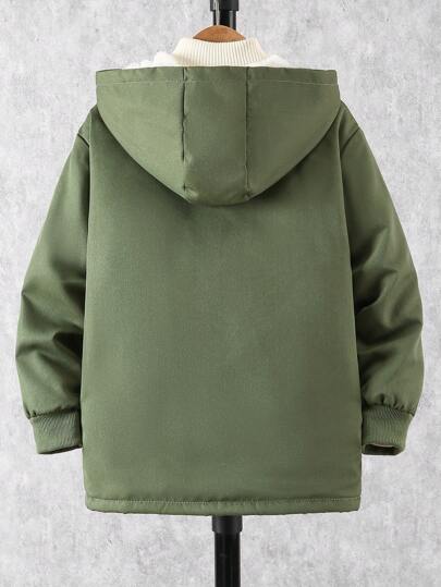 SHEIN Vacaura Tween Boy 纯色长袖前拉链保暖内衬休闲连帽衫，秋冬款