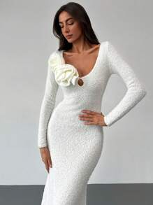 Aloruh Vestido de punto de manga larga hasta el suelo con cuello en V profundo y diseño floral 3D para mujer, romántico para citas y fiestas, otoño/invierno - Albaricoque - Ver 4
