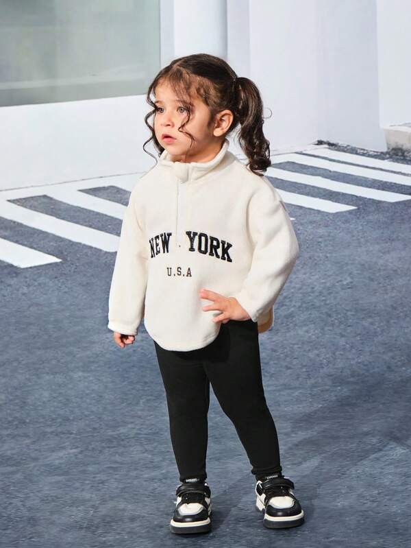 SHEIN Ensemble bébé fille mignon d'un Top à col montant imprimé de lettres et doux, et d'un pantalon long à taille élastique pour l'automne/l'hiver