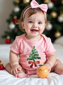 女婴圣诞可爱卡通亮片蝴蝶结圣诞树图案印花短袖连体衣 - 粉色 - 查看 1