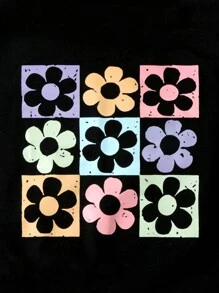 2 件套 Tween Girl 花卉印花圆领运动衫和运动裤休闲装，秋季 - 黑色 - 查看 4