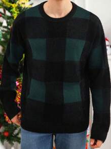 Manfinity Homme Men's Casual Christmas Plaid Pattern Knitted Sweater, Autumn/Winter