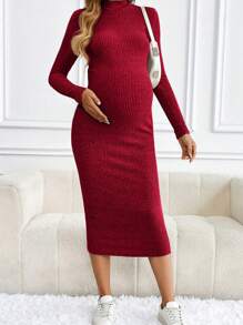 SHEIN Robe de maternité côtelée à col rond, couleur unie, manches longues, élégante pour l'automne et l'hiver, vêtements de saison - Framboise - Voir 4