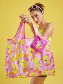 LOONEY TUNES X SHEIN 卡通和心形字母印花可折叠可重复使用购物手提袋，Tweety - 彩色 - 查看 3