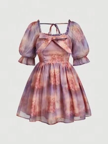 SHEIN MOD Plus Size Dreamy Princess Rose & Bear Print Puff Sleeve Bow Detail Dress, For Dates, Birthday