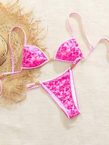 Women Full Floral Random Print Triangle Cup Bikini Swimwear Set Summer - Hot Pink - View 1