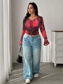 SHEIN EZwear 大码女式皱褶扎染褶皱喇叭袖针织 T 恤，初秋田园风格 - 紅色 - 查看 5