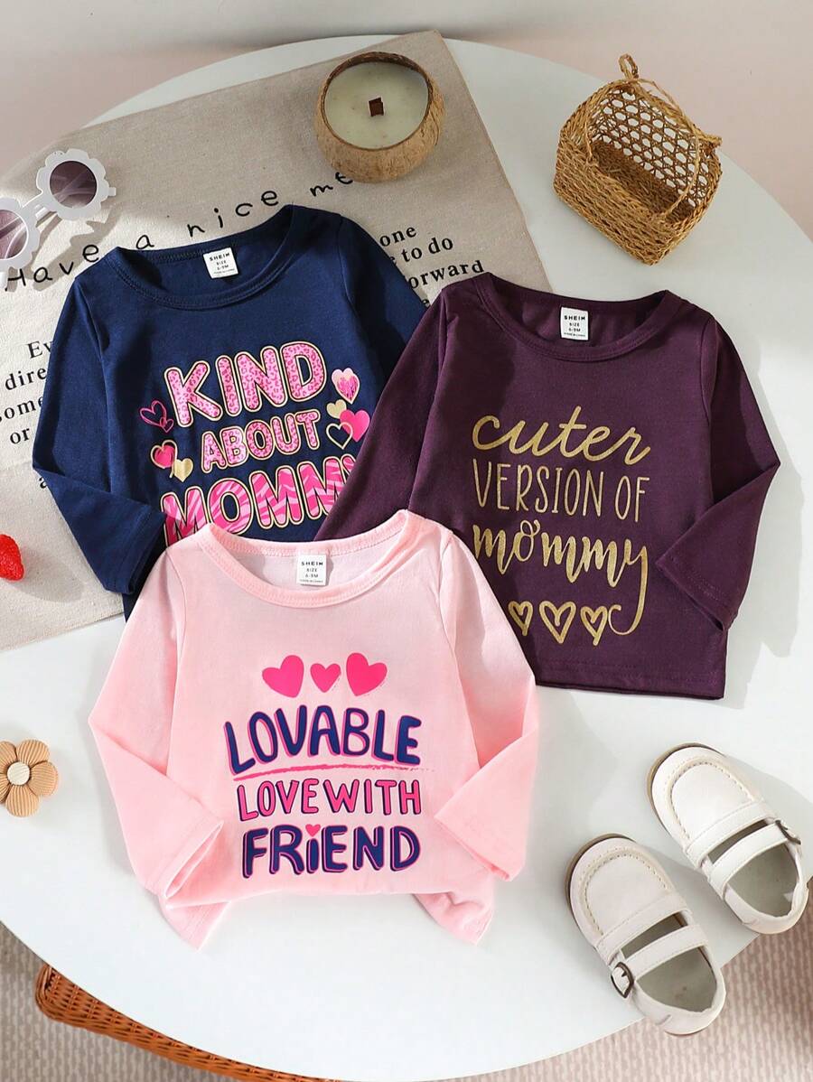 3pcs/Set Baby Girls Casual Colorful Heart Letter Print Long T-Shirt, Suitable For Autumn/Winter - Multicolor - View 1