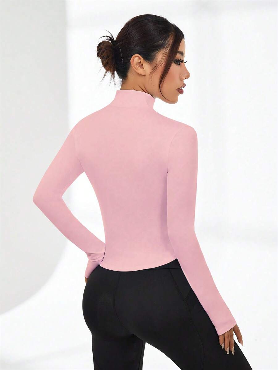 SHEIN Sport Studio Women Solid Color Zipper Front Stand Collar Long