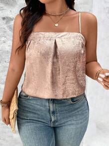 Celure 大码女式编织优雅闪亮宽松金属细肩带褶皱吊带背心 - 淺粉色 - 查看 4