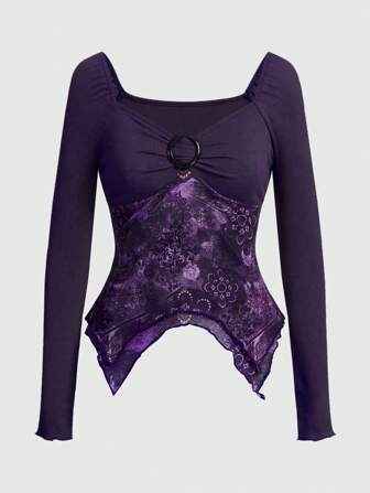 Hippie Maglietta a maniche lunghe da donna con scollo a cuore, stampa floreale, decorazione ad anello e orlo asimmetrico