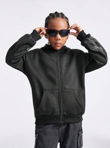 SHEIN Tween Girls' Sequin Panel Zip-Up Hooded Sweatshirt In Black - Black - View 5