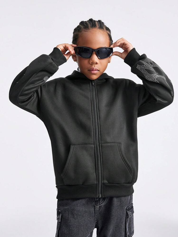 SHEIN Tween Girls' Sequin Panel Zip-Up Hooded Sweatshirt In Black - Black - View 5