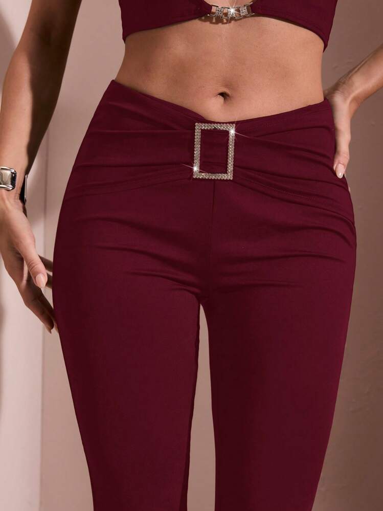 SHEIN BAE Elegant Solid Color Square Rhinestone Decor Flared Pants - Burgundy - View 6