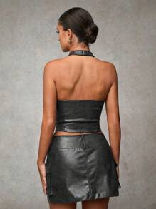 SHEIN BAE Top corto tipo coselete de mujer con escote halter, color marrón, con lavado y textura desgastada vintage, con costuras huecas. Atuendo de mujer adecuado para fiestas sexy, compras y volver al colegio. Ideal para invierno, Acción de Gracias y disfraces de Catwoman.