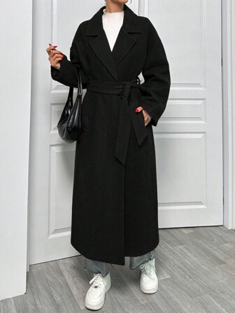 SHEIN Lapel Neck Double Breasted Slant Pocket Waist Belt Tie-Up Woolen Overcoat