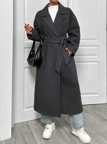 EURMUSE Lapel Neck Double Breasted Slant Pocket Waist Belt Tie-Up Woolen Overcoat - Dark Grey - View 6