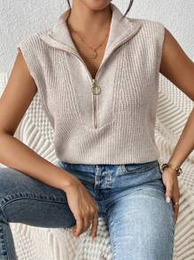 Chiquease 1pc Solid Color Half Zip Collar Ribbed Knit Sleeveless Sweater Vest - Apricot - View 4