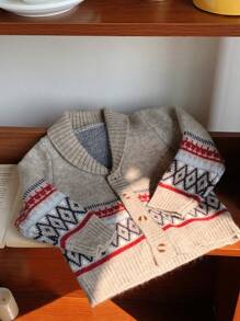 SHEIN Vintage Patterned Beige Loose Knit Cardigans For Baby Girls And Baby Boys,Cute Autumn Retro Style Soft Warm Matching Family Casual Indoor Outdoor - Brown - View 1