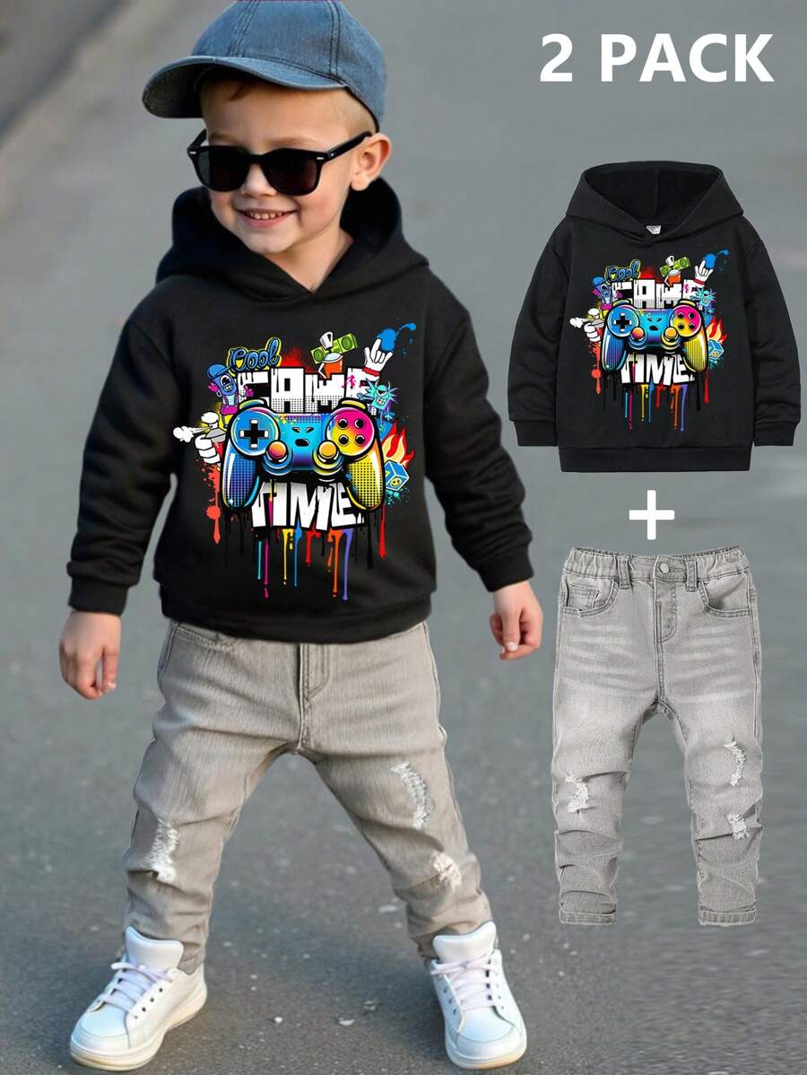 SHEIN 2 件套年轻男孩休闲简约长款宽松连帽运动衫和牛仔裤，适合秋冬季 - 彩色 - 查看 1